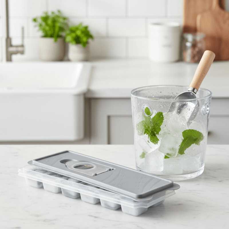 Casa si Gradina - Bucatarie si vesela - Accesorii bar - Forme cuburi de gheata - Forma Pentru Cuburi De Gheata Koken, Matrita, Plastic PP, Silicon alimentar, 12 cuburi, BPA Free, Gri, 9.5 x 27 x 3.5 cm - Infinity.ro