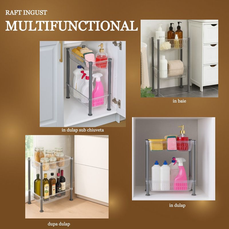 Casa si Gradina - Mobilier - Organizare si depozitare - Organizatoare pentru sertare si dulapuri - Organizator cu 2 nivele pentru bucatarie/baie Koken, Montaj dulap, Raft Slim 19.5x40x45.5 cm, Plastic, Transparent/Gri - Infinity.ro