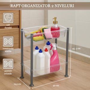 Organizator cu 2 nivele pentru bucatarie/baie Koken, Montaj dulap, Raft Slim 19.5x40x45.5 cm, Plastic, Transparent/Gri