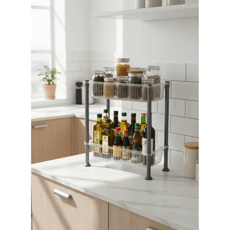 Casa si Gradina - Mobilier - Organizare si depozitare - Organizatoare pentru sertare si dulapuri - Organizator cu 2 nivele pentru bucatarie/baie Koken, Montaj dulap, Raft Slim 19.5x40x45.5 cm, Plastic, Transparent/Gri - Infinity.ro