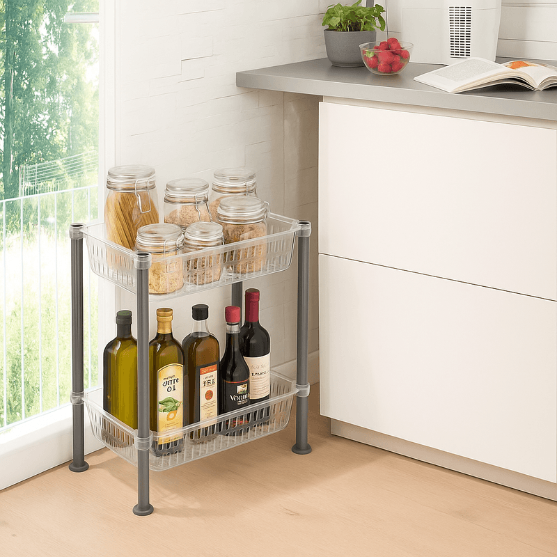 Casa si Gradina - Mobilier - Organizare si depozitare - Organizatoare pentru sertare si dulapuri - Organizator cu 2 nivele pentru bucatarie/baie Koken, Montaj dulap, Raft Slim 19.5x40x45.5 cm, Plastic, Transparent/Gri - Infinity.ro