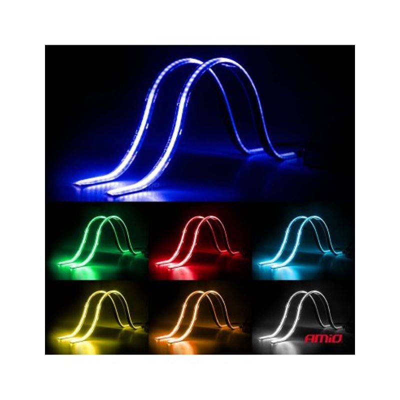 Auto si Moto - Piese auto si accesorii - Caroserie - Faruri, stopuri si proiectoare - Set 2buc Banda Led Auto flexibile cu controler multicolor RGB 2x30cm, 12V, Amio - Infinity.ro