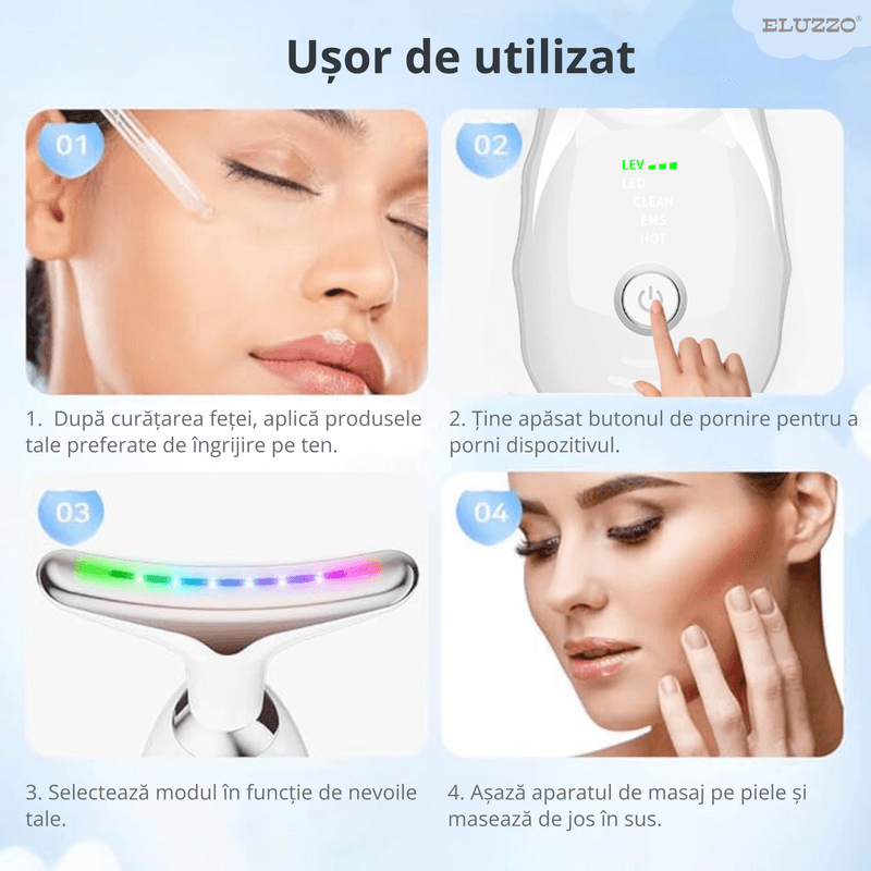Ingrijire personala si Cosmetice - Aparate & accesorii ingrijire personala - Aparate cosmetice - Aparate intretinere si ingrijire corporala - Aparat Profesional Antirid si Intretinerea Tenului ELUZZO®, pentru Ingrijire Fata si Gat, 7 Terapii Diferite LED - Infinity.ro