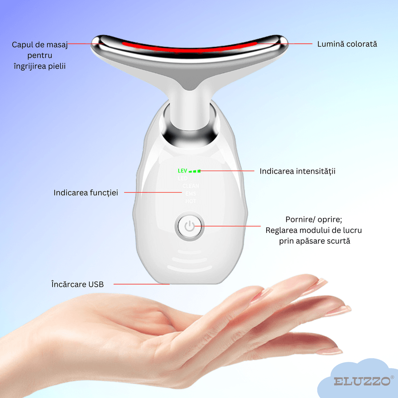 Ingrijire personala si Cosmetice - Aparate & accesorii ingrijire personala - Aparate cosmetice - Aparate intretinere si ingrijire corporala - Aparat Profesional Antirid si Intretinerea Tenului ELUZZO®, pentru Ingrijire Fata si Gat, 7 Terapii Diferite LED - Infinity.ro