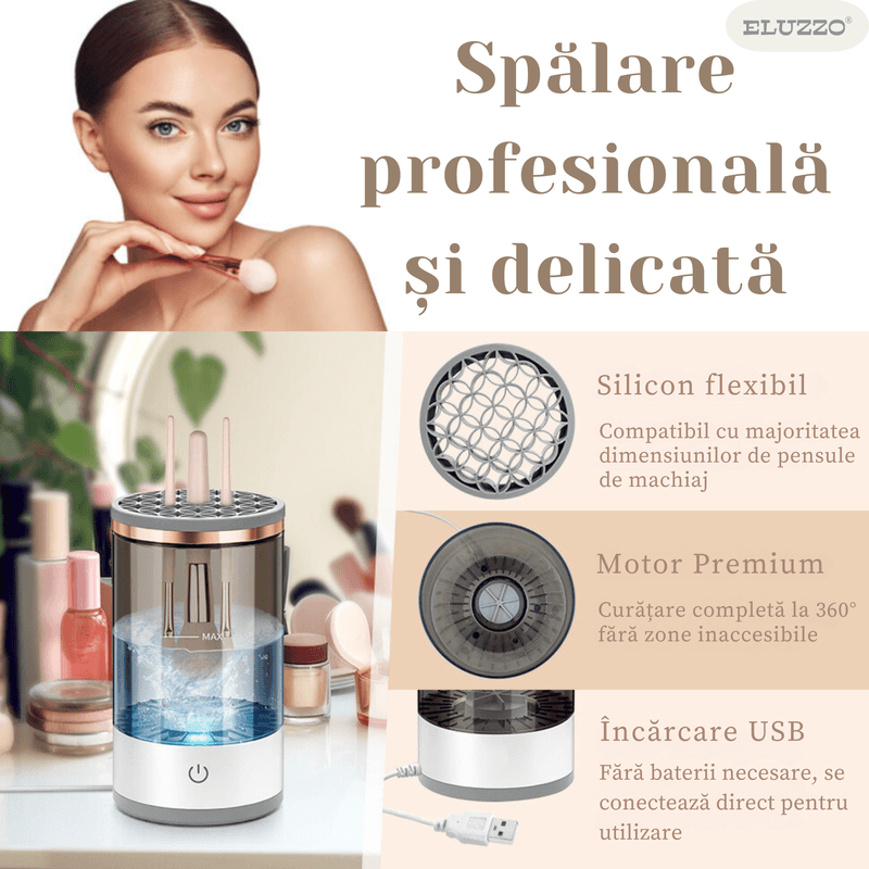 Ingrijire personala si Cosmetice - Aparate & accesorii ingrijire personala - Aparate cosmetice - Aparate intretinere si ingrijire corporala - Aparat Electric pentru Curatarea Pensulelor de Machiaj ELUZZO®, Curatare Ultrasonica, 3 in 1, 7000 RPM, Alimentare USB - Infinity.ro