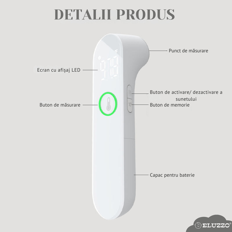 Jucarii, Copii si Bebe - Igiena si ingrijire - Accesorii ingrijire copii - Termometre copii - Termometru Digital ELUZZO®, Infrarosu, pentru Copii si Adulti, fara Contact, Afisaj LED, Alarma Febra si Mod Silentios - Infinity.ro