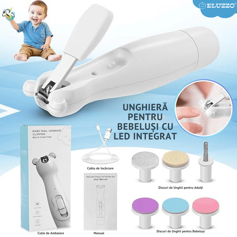 Jucarii, Copii si Bebe - Igiena si ingrijire - Accesorii ingrijire copii - Set Electric de Ingrijire a Unghiilor Bebelusilor ELUZZO®, Pila Electrica Unghii, Unghiera, Lumina la Capete - Infinity.ro