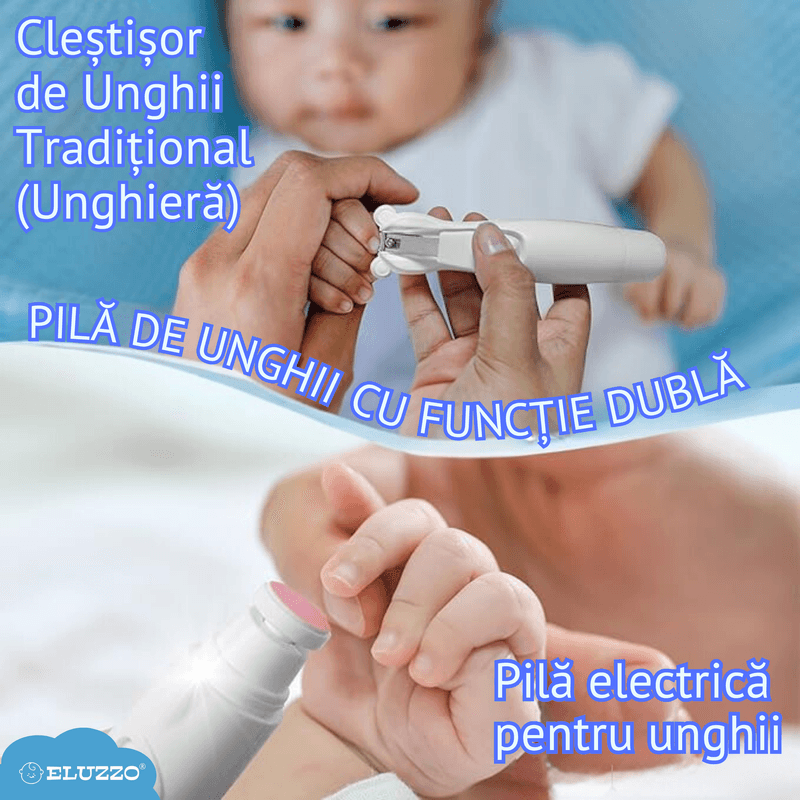Jucarii, Copii si Bebe - Igiena si ingrijire - Accesorii ingrijire copii - Set Electric de Ingrijire a Unghiilor Bebelusilor ELUZZO®, Pila Electrica Unghii, Unghiera, Lumina la Capete - Infinity.ro