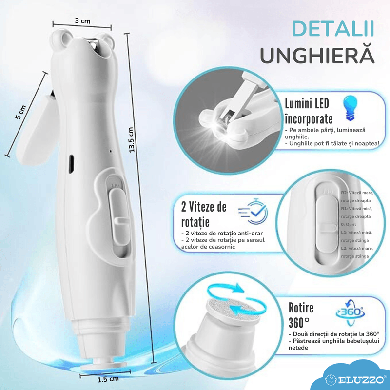 Jucarii, Copii si Bebe - Igiena si ingrijire - Accesorii ingrijire copii - Set Electric de Ingrijire a Unghiilor Bebelusilor ELUZZO®, Pila Electrica Unghii, Unghiera, Lumina la Capete - Infinity.ro