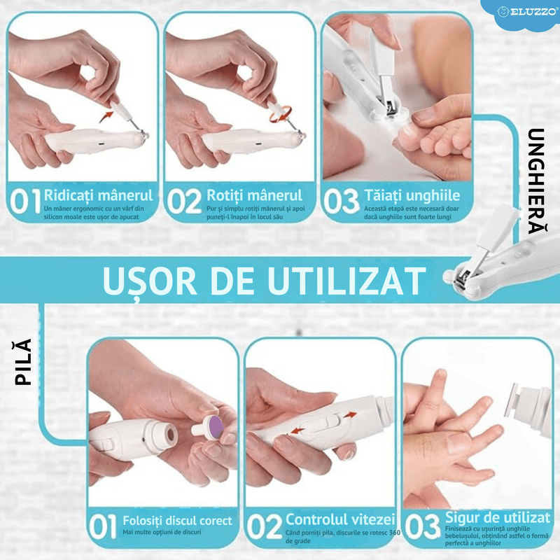 Jucarii, Copii si Bebe - Igiena si ingrijire - Accesorii ingrijire copii - Set Electric de Ingrijire a Unghiilor Bebelusilor ELUZZO®, Pila Electrica Unghii, Unghiera, Lumina la Capete - Infinity.ro