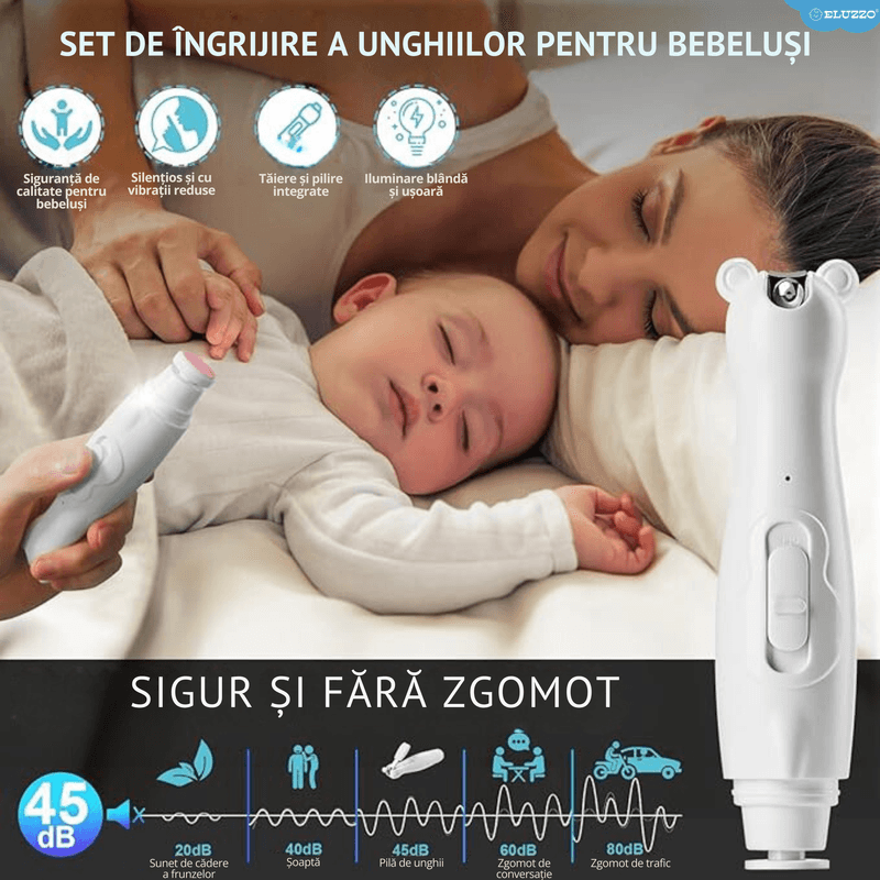 Jucarii, Copii si Bebe - Igiena si ingrijire - Accesorii ingrijire copii - Set Electric de Ingrijire a Unghiilor Bebelusilor ELUZZO®, Pila Electrica Unghii, Unghiera, Lumina la Capete - Infinity.ro