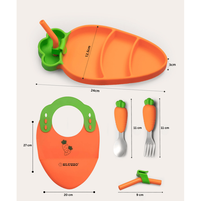 Jucarii, Copii si Bebe - Hrana si alaptare - Biberoane, suzete si accesorii hranire - Articole hranire bebelusi - Set Hranire Bebelusi ELUZZO® din Silicon in Forma de Morcov: Farfurie Divizata cu Ventuza, Baveta, Lingurita, Furculita - Infinity.ro