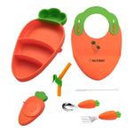 Jucarii, Copii si Bebe - Hrana si alaptare - Biberoane, suzete si accesorii hranire - Articole hranire bebelusi - Set Hranire Bebelusi ELUZZO® din Silicon in Forma de Morcov: Farfurie Divizata cu Ventuza, Baveta, Lingurita, Furculita - Infinity.ro