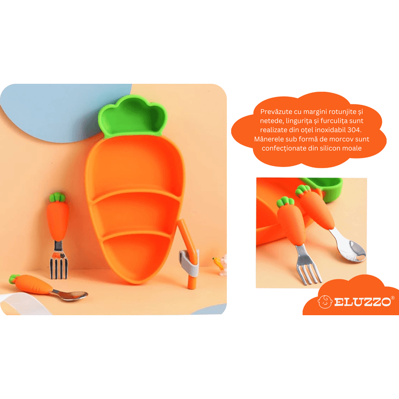 Jucarii, Copii si Bebe - Hrana si alaptare - Biberoane, suzete si accesorii hranire - Articole hranire bebelusi - Set Hranire Bebelusi ELUZZO® din Silicon in Forma de Morcov: Farfurie Divizata cu Ventuza, Baveta, Lingurita, Furculita - Infinity.ro