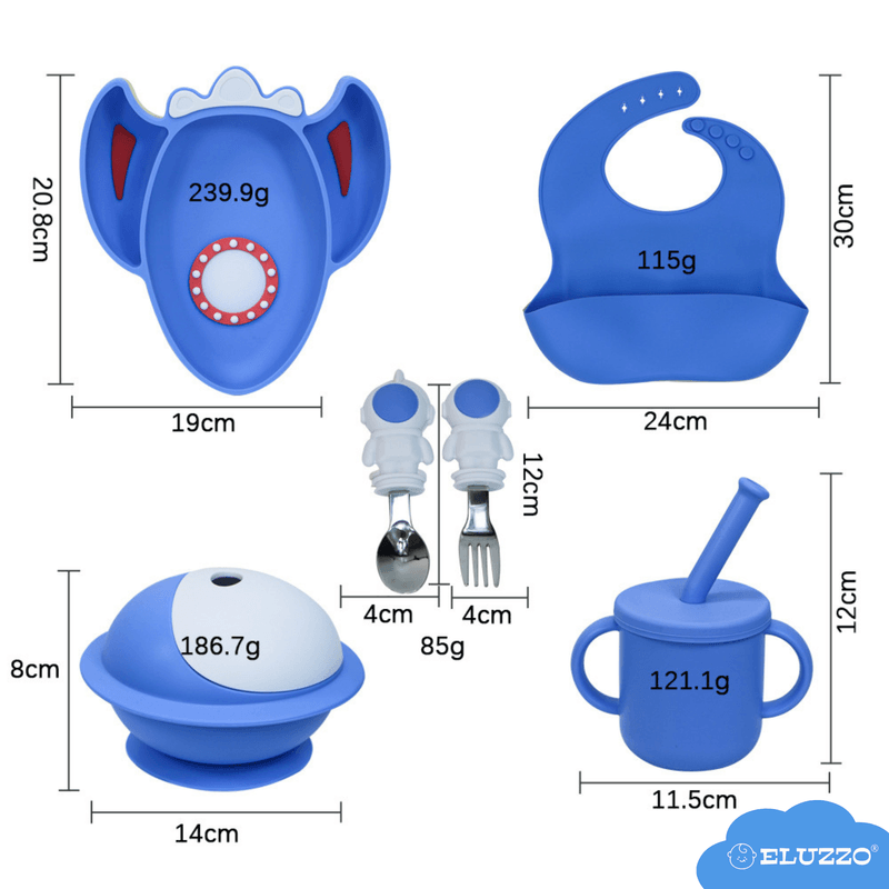 Jucarii, Copii si Bebe - Hrana si alaptare - Biberoane, suzete si accesorii hranire - Articole hranire bebelusi - Set Hranire Bebelusi ELUZZO® din Silicon in Forma de Racheta si Astronaut, Farfurie Divizata cu Ventuza - Infinity.ro