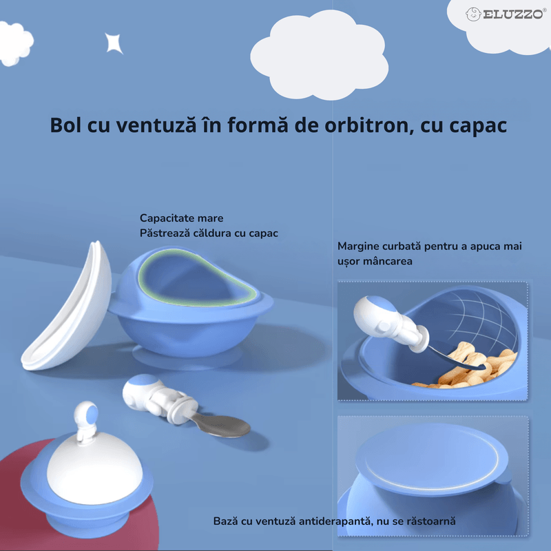 Jucarii, Copii si Bebe - Hrana si alaptare - Biberoane, suzete si accesorii hranire - Articole hranire bebelusi - Set Hranire Bebelusi ELUZZO® din Silicon in Forma de Racheta si Astronaut, Farfurie Divizata cu Ventuza - Infinity.ro