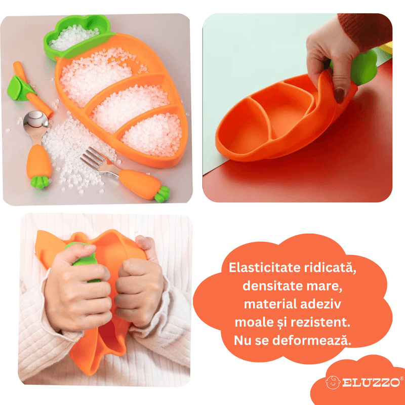 Jucarii, Copii si Bebe - Hrana si alaptare - Biberoane, suzete si accesorii hranire - Articole hranire bebelusi - Set Hranire Bebelusi ELUZZO® din Silicon in Forma de Morcov: Farfurie Divizata cu Ventuza, Baveta, Lingurita, Furculita - Infinity.ro