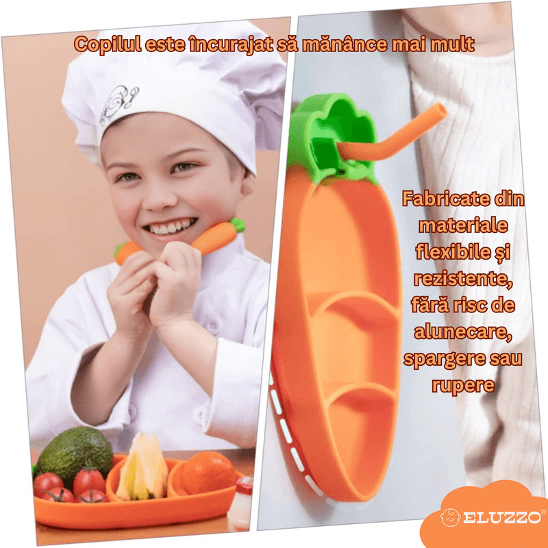 Jucarii, Copii si Bebe - Hrana si alaptare - Biberoane, suzete si accesorii hranire - Articole hranire bebelusi - Set Hranire Bebelusi ELUZZO® din Silicon in Forma de Morcov: Farfurie Divizata cu Ventuza, Baveta, Lingurita, Furculita - Infinity.ro