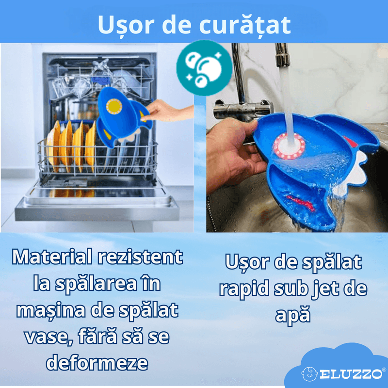Jucarii, Copii si Bebe - Hrana si alaptare - Biberoane, suzete si accesorii hranire - Articole hranire bebelusi - Set Hranire Bebelusi ELUZZO® din Silicon in Forma de Racheta si Astronaut, Farfurie Divizata cu Ventuza - Infinity.ro