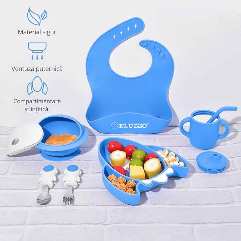 Jucarii, Copii si Bebe - Hrana si alaptare - Biberoane, suzete si accesorii hranire - Articole hranire bebelusi - Set Hranire Bebelusi ELUZZO® din Silicon in Forma de Racheta si Astronaut, Farfurie Divizata cu Ventuza - Infinity.ro