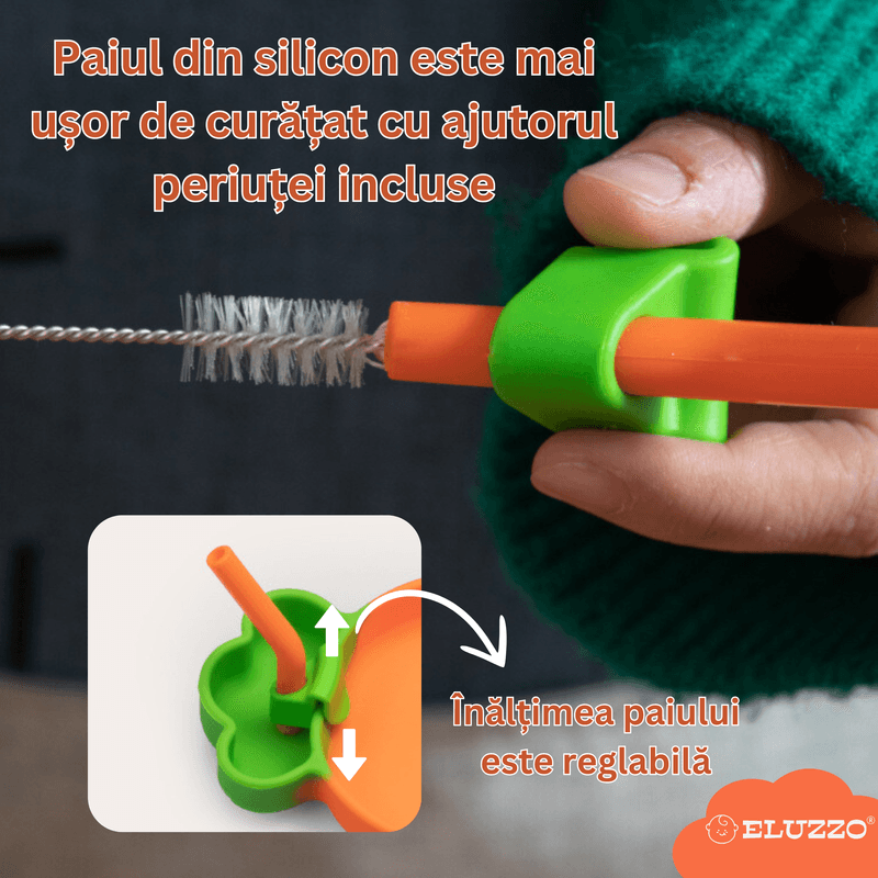 Jucarii, Copii si Bebe - Hrana si alaptare - Biberoane, suzete si accesorii hranire - Articole hranire bebelusi - Set Hranire Bebelusi ELUZZO® din Silicon in Forma de Morcov: Farfurie Divizata cu Ventuza, Baveta, Lingurita, Furculita - Infinity.ro