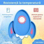 Jucarii, Copii si Bebe - Hrana si alaptare - Biberoane, suzete si accesorii hranire - Articole hranire bebelusi - Set Hranire Bebelusi ELUZZO® din Silicon in Forma de Racheta si Astronaut, Farfurie Divizata cu Ventuza - Infinity.ro