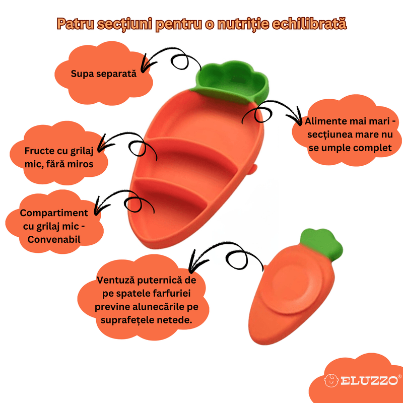 Jucarii, Copii si Bebe - Hrana si alaptare - Biberoane, suzete si accesorii hranire - Articole hranire bebelusi - Set Hranire Bebelusi ELUZZO® din Silicon in Forma de Morcov: Farfurie Divizata cu Ventuza, Baveta, Lingurita, Furculita - Infinity.ro