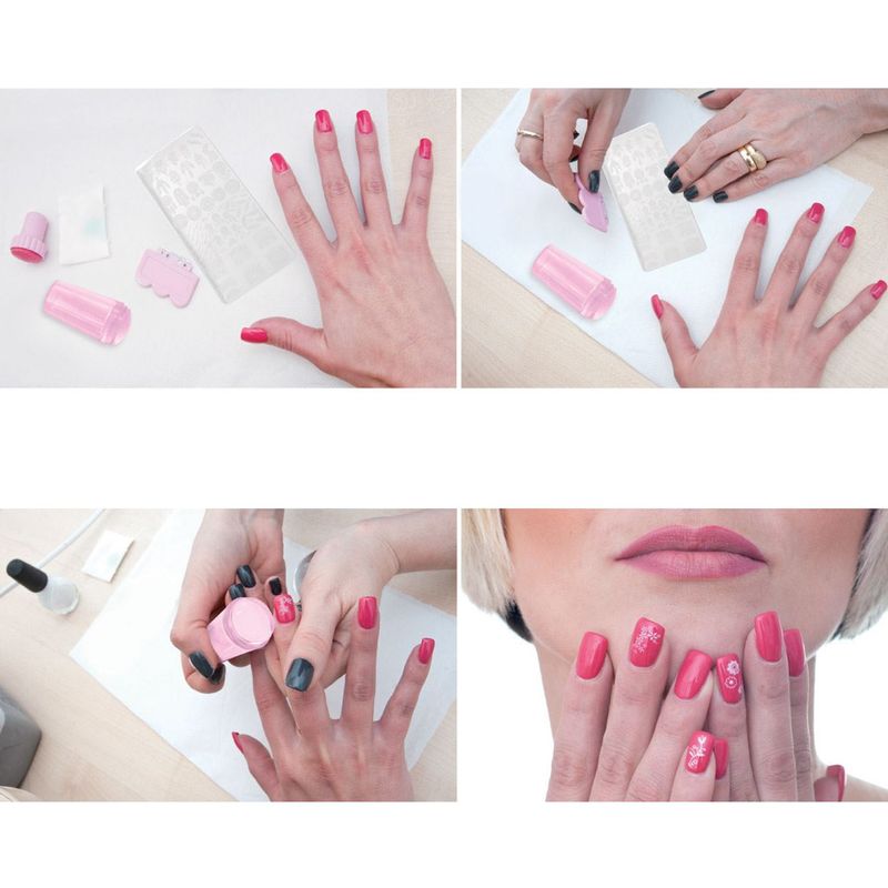 Ingrijire personala si Cosmetice - Manichiura si pedichiura - Produse nail art - Set decorare unghii, jb beauty, stamper silicon dublu, cristale roz, 3 placi modele - Infinity.ro