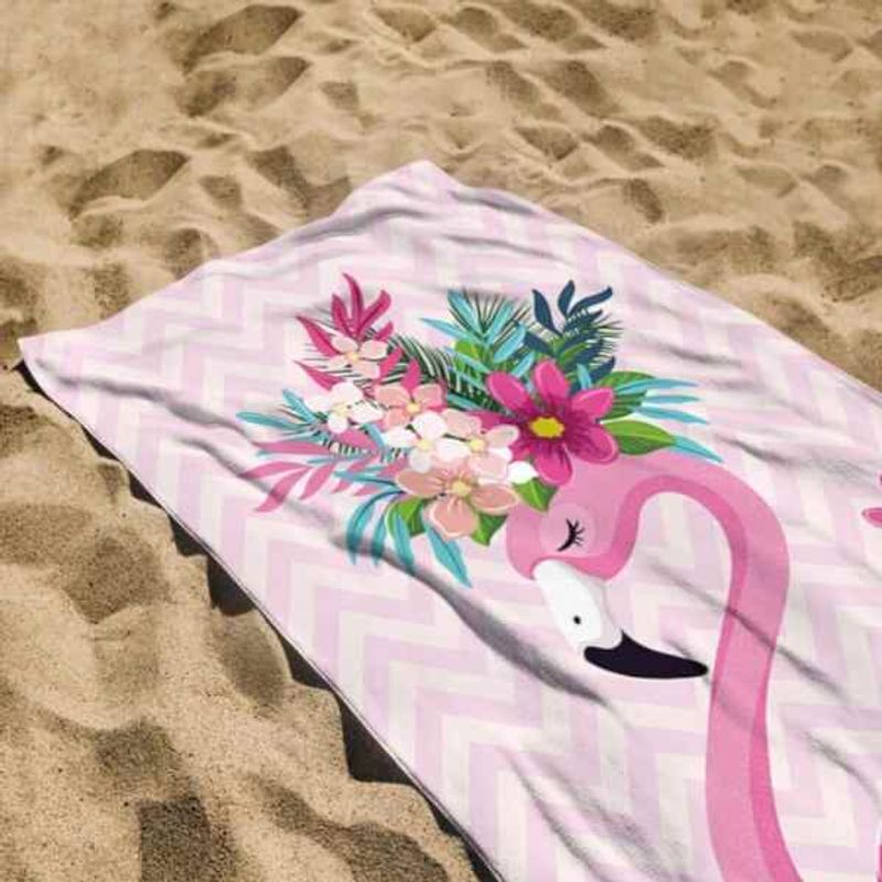 Jucarii, Copii si Bebe - Igiena si ingrijire - Baia bebelusului - Prosoape si halate de baie copii - Prosop Mercaton pentru Plaja, Model Flamingo, Microfibra, Uscare Rapida, 266 g/m², 150 x 70 cm, Roz - Infinity.ro