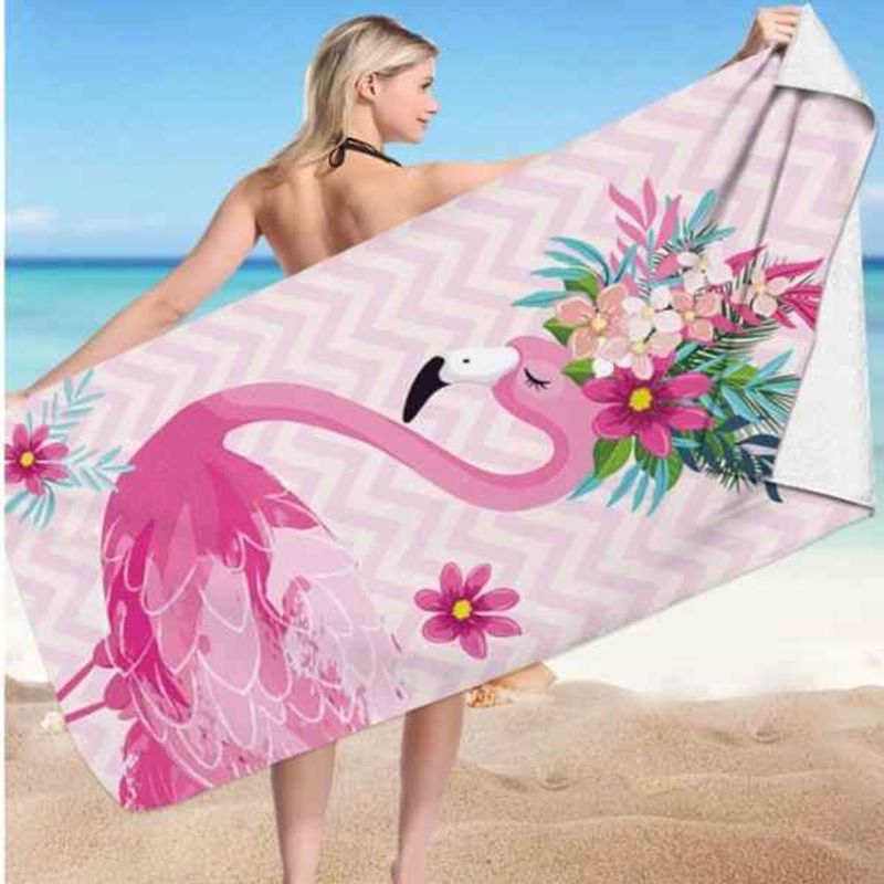 Jucarii, Copii si Bebe - Igiena si ingrijire - Baia bebelusului - Prosoape si halate de baie copii - Prosop Mercaton pentru Plaja, Model Flamingo, Microfibra, Uscare Rapida, 266 g/m², 150 x 70 cm, Roz - Infinity.ro