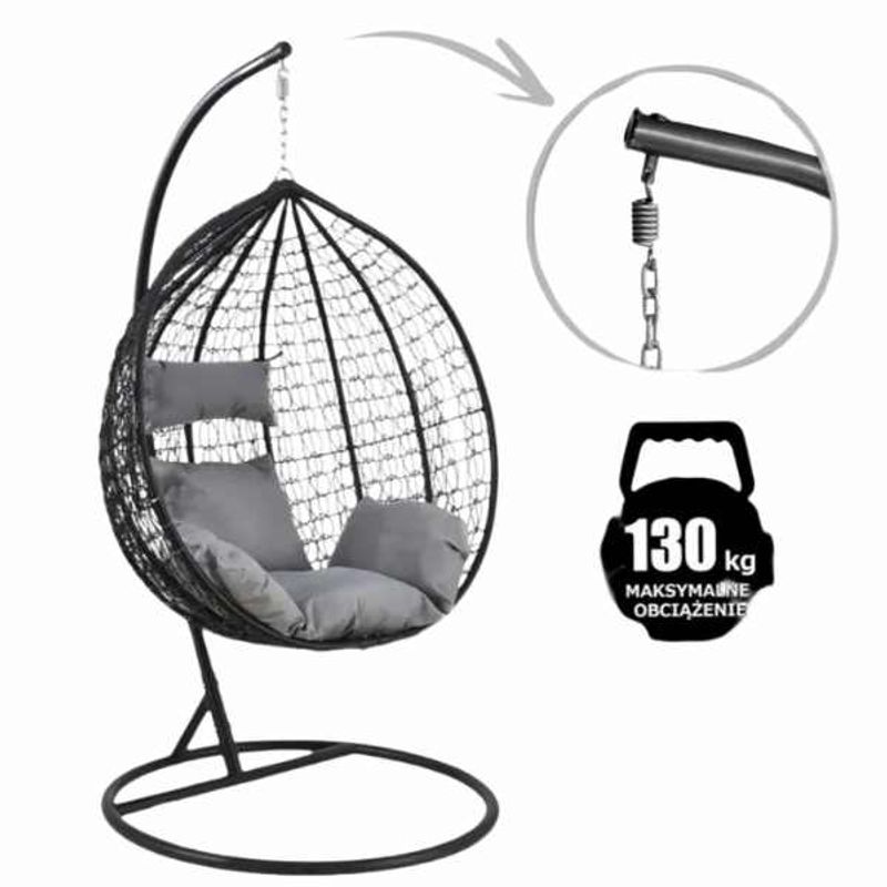 Casa si Gradina - Gradina si terasa - Balansoare si hamace - Hamace si suporturi - Leagan Mercaton, Tip Cuib cu Fotoliu Suspendat, Cadru Metalic, Maxim 130 Kg, 2 Perne, Rezistent UV, Negru - Infinity.ro