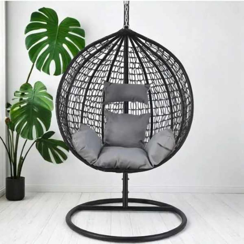 Casa si Gradina - Gradina si terasa - Balansoare si hamace - Hamace si suporturi - Leagan Mercaton, Tip Cuib cu Fotoliu Suspendat, Cadru Metalic, Maxim 130 Kg, 2 Perne, Rezistent UV, Negru - Infinity.ro