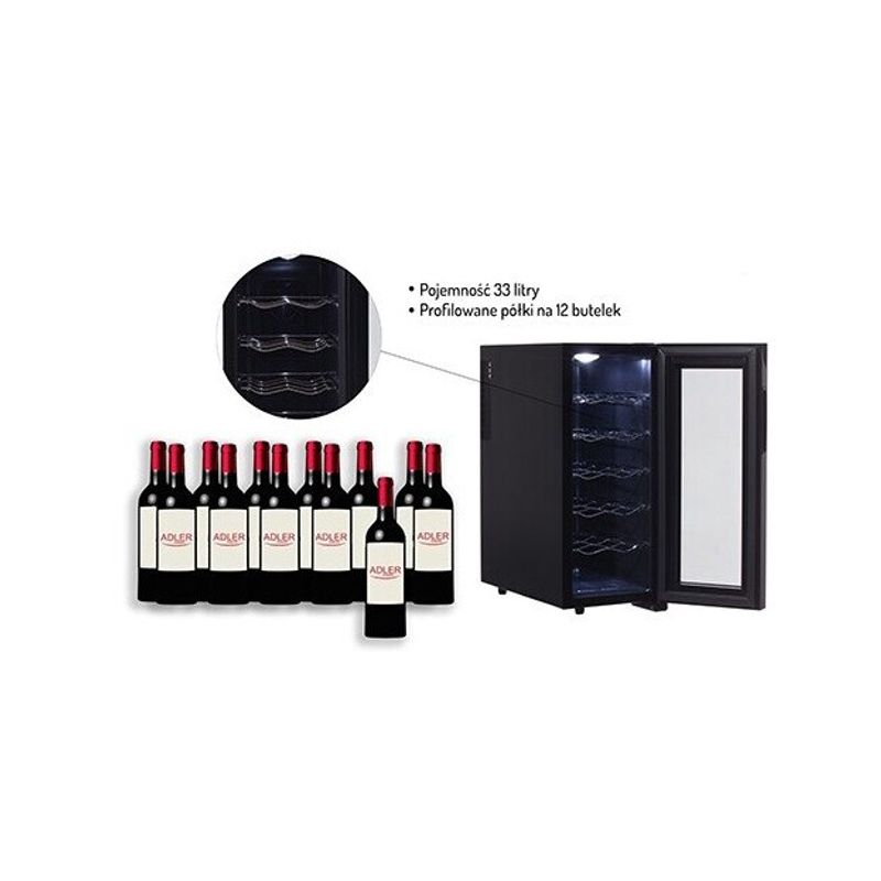 Electronice si Electrocasnice - Aparate frigorifice - Vitrine frigorifice - Racitor de vinuri ADLER, 1 usa, 12 sticle, negru, 33 l - Infinity.ro