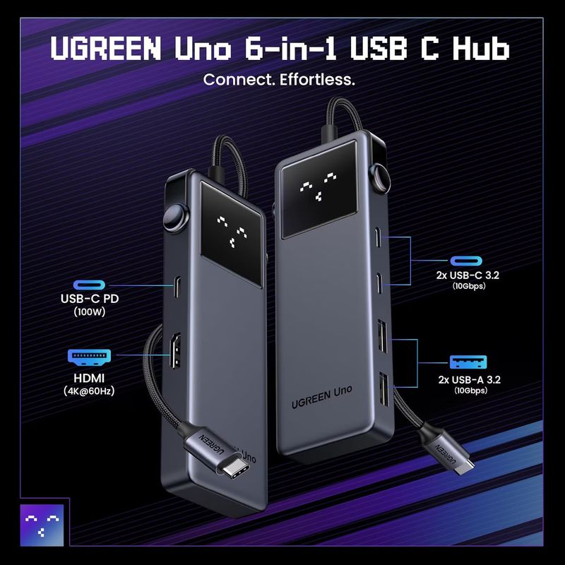 PC, gaming si accesorii - Retelistica - Hub-uri - Hub USB-C UGREEN UNO, 10Gbps, HDMI 4K@60Hz, Afisaj LED Inteligent, 2xUSB-A, 2xUSB-C, PD 100 W, Compatibiliate Universala - Infinity.ro