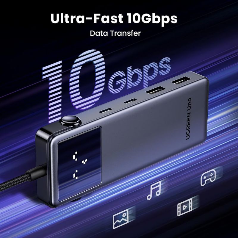 PC, gaming si accesorii - Retelistica - Hub-uri - Hub USB-C UGREEN UNO, 10Gbps, HDMI 4K@60Hz, Afisaj LED Inteligent, 2xUSB-A, 2xUSB-C, PD 100 W, Compatibiliate Universala - Infinity.ro