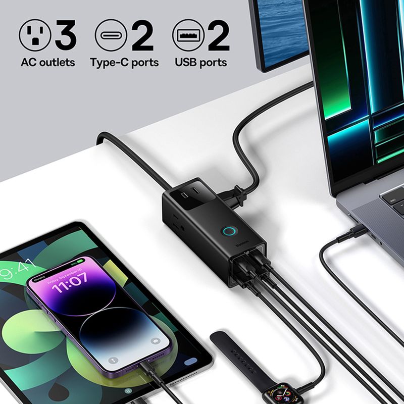 Laptop, Telefoane si Tablete - Telefoane mobile si accesorii - Accesorii Telefoane - Incarcatoare telefoane - Incarcator 3xAC, 2xUSB, 2x Type-C, 65W, Cablu 100W, P82, Policarbonat, Baseus PSLA020101, P82, Policarbonat, Black - Infinity.ro