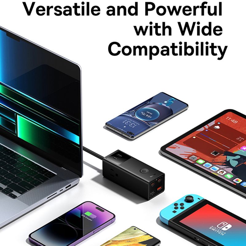 Laptop, Telefoane si Tablete - Telefoane mobile si accesorii - Accesorii Telefoane - Incarcatoare telefoane - Incarcator 3xAC, 2xUSB, 2x Type-C, 65W, Cablu 100W, P82, Policarbonat, Baseus PSLA020101, P82, Policarbonat, Black - Infinity.ro