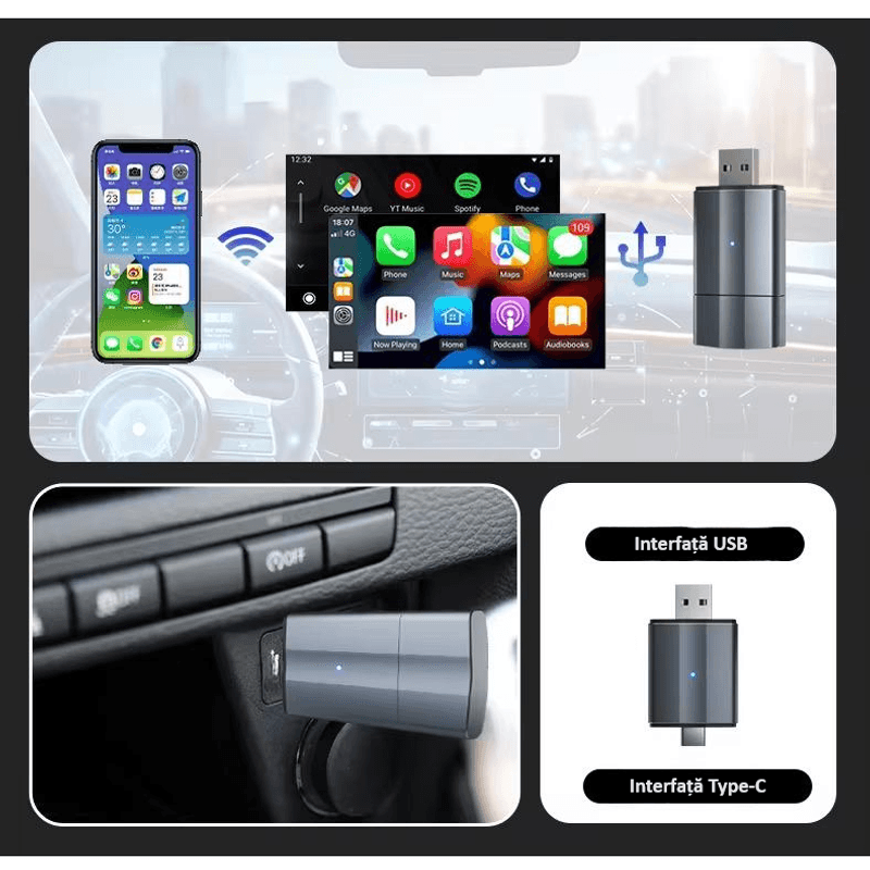 Auto si Moto - Electronice auto - Multimedia auto - Adaptor wireless CarPlay & Android Auto 2-in-1 ZYTEQ®️ PL2, iOS 10+/Android 11+, WiFi 5GHz, Plug-and-Play, gri - Infinity.ro