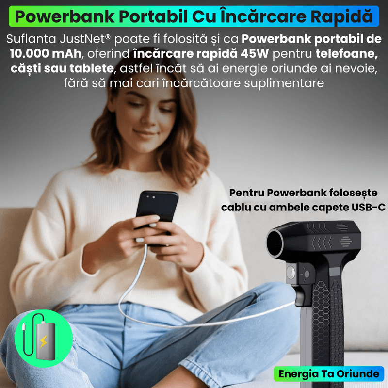 Auto si Moto - Intretinere auto - Aspiratoare auto - Suflanta Aer Portabila 4 in 1 JustNet®, Aspiratie, LED, Powerbank 10000mAh, 900g Putere, Brushless, Curatare PC, Masinal - Infinity.ro