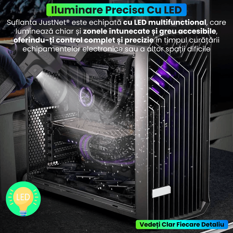 Auto si Moto - Intretinere auto - Aspiratoare auto - Suflanta Aer Portabila 4 in 1 JustNet®, Aspiratie, LED, Powerbank 10000mAh, 900g Putere, Brushless, Curatare PC, Masinal - Infinity.ro