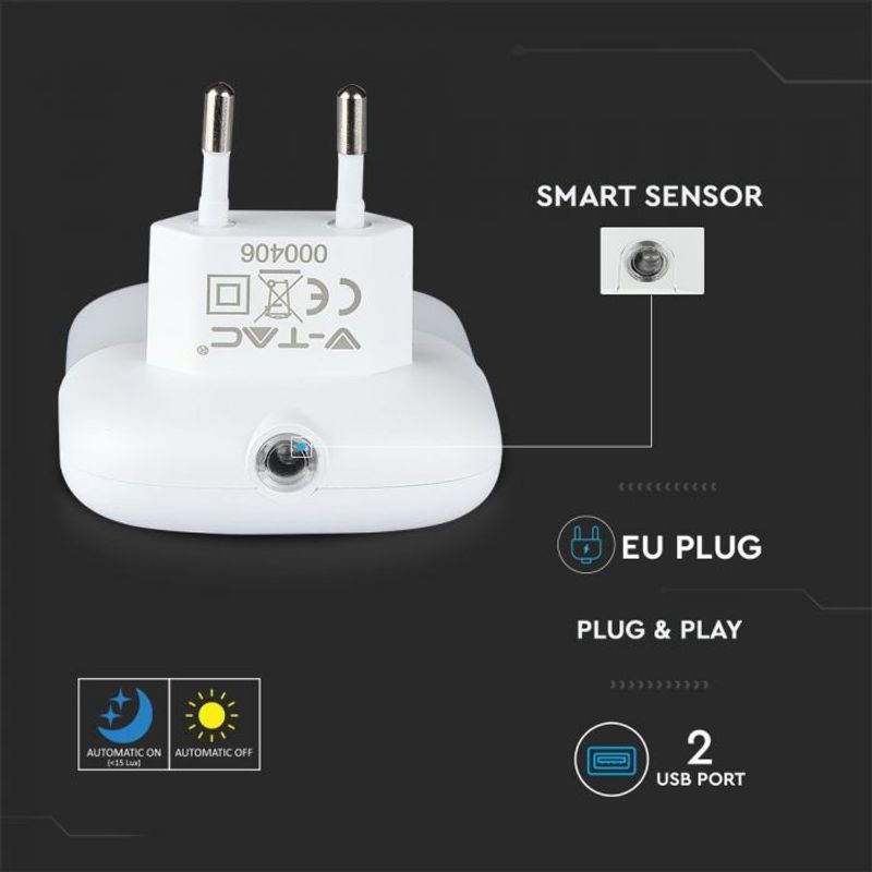Casa si Gradina - Corpuri si surse de iluminat - Veioze si lampi - Lampi de veghe - Lampa de veghe patrata cu senzor si USB, chip Samsung, 0.45W, lumina calda (3000K), 2A, V-TAC - Infinity.ro