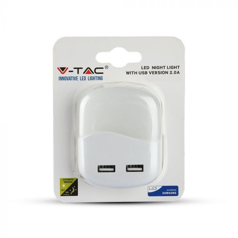 Casa si Gradina - Corpuri si surse de iluminat - Veioze si lampi - Lampi de veghe - Lampa de veghe patrata cu senzor si USB, chip Samsung, 0.45W, lumina calda (3000K), 2A, V-TAC - Infinity.ro