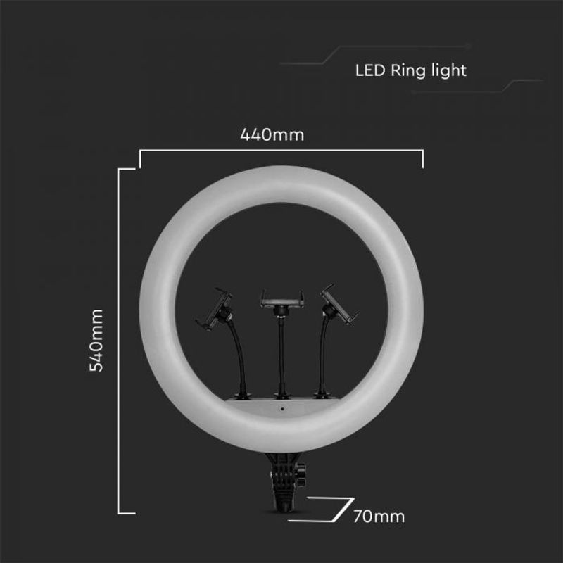 Laptop, Telefoane si Tablete - Telefoane mobile si accesorii - Accesorii Telefoane - Alte accesorii telefoane - Selfie ring light LED 3 suporti de telefon, Dimabil, 55W, 6000 lm, 440 mm, 3200K-5800K, V-TAC - Infinity.ro