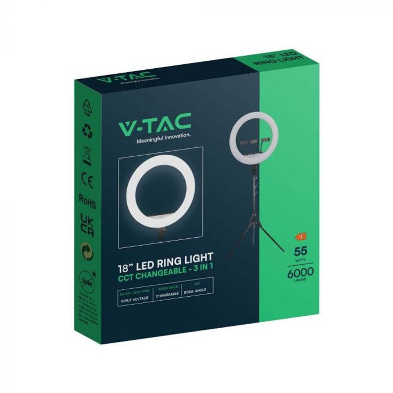 Laptop, Telefoane si Tablete - Telefoane mobile si accesorii - Accesorii Telefoane - Alte accesorii telefoane - Selfie ring light LED 3 suporti de telefon, Dimabil, 55W, 6000 lm, 440 mm, 3200K-5800K, V-TAC - Infinity.ro