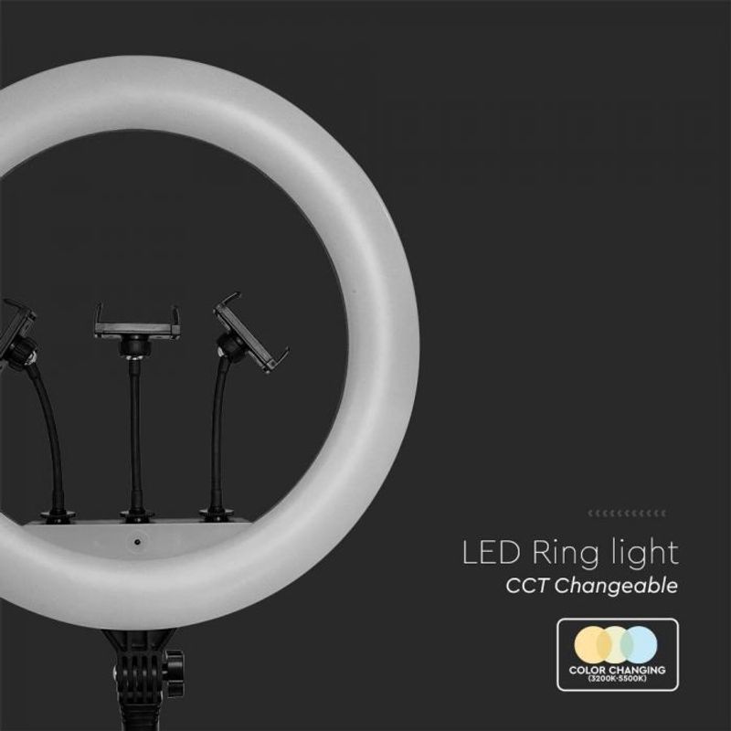 Laptop, Telefoane si Tablete - Telefoane mobile si accesorii - Accesorii Telefoane - Alte accesorii telefoane - Selfie ring light LED 3 suporti de telefon, Dimabil, 55W, 6000 lm, 440 mm, 3200K-5800K, V-TAC - Infinity.ro