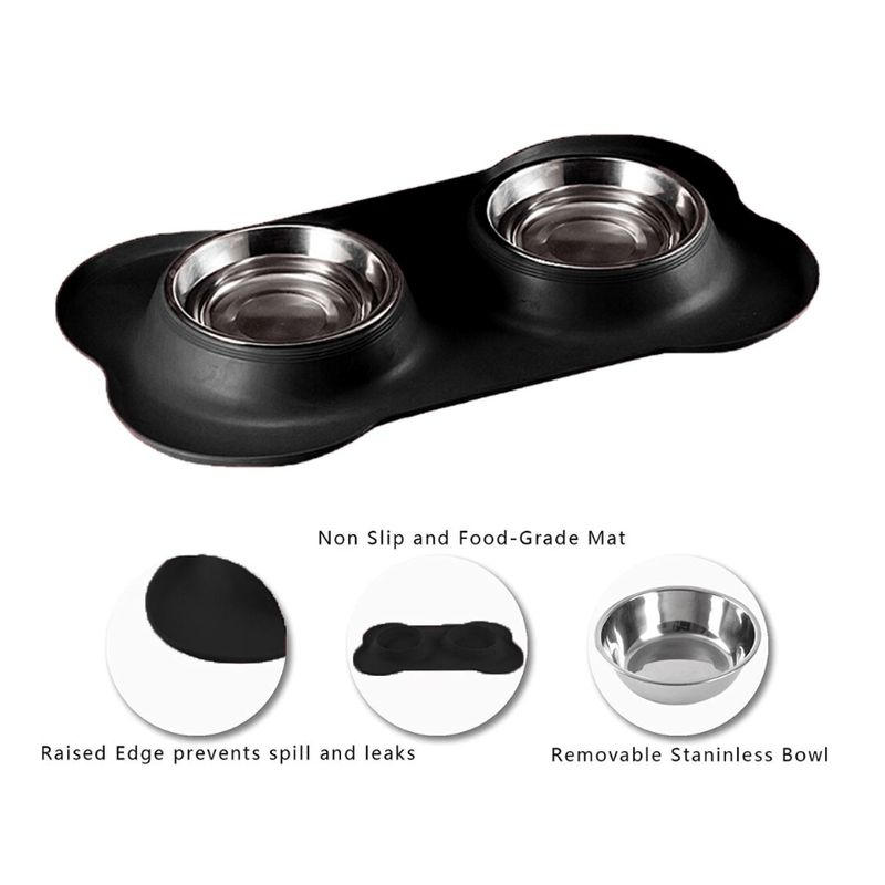 Petshop - Accesorii petshop - Castroane si adapatori - Set 2 boluri pentru caini si pisici, inox & silicon, anti-alunecare, protejeaza pardoseala, usor de curatat, Negru-Gri - Infinity.ro
