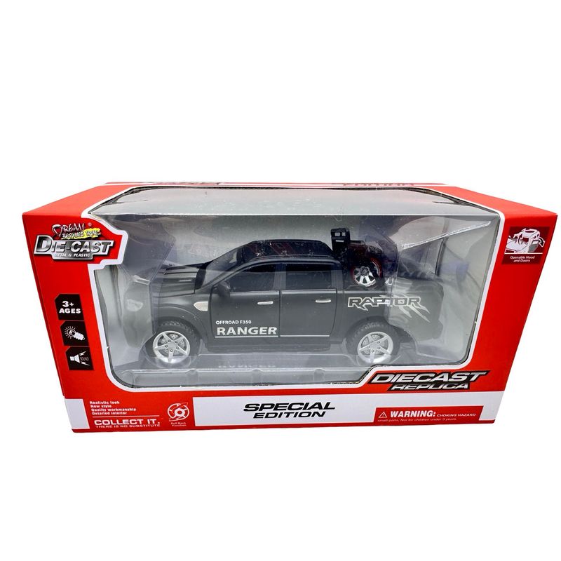 Jucarii, Copii si Bebe - Jucarii si jocuri - Vehicule si jucarii cu telecomanda - Masinute - Macheta Ford Ranger Raptor 1:32 neagra replica metal lumini si sunete usi deschise bena functionala - Infinity.ro