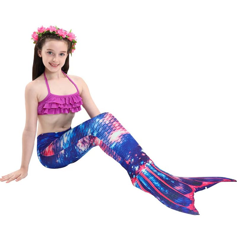 Fashion, accesorii si bijuterii - Copii - Lenjerie si pijamale copii - Costume de baie copii - Set 4 piese costum de baie Sirena Ariel, Fildes/Mov, Include coada, inotatoare, top si slip - THK® - 130 cm - 7-8 ani - Infinity.ro