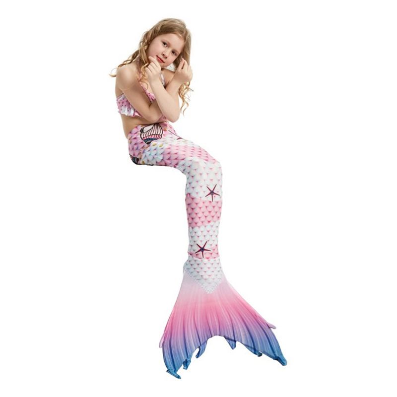 Fashion, accesorii si bijuterii - Copii - Lenjerie si pijamale copii - Costume de baie copii - Set 4 piese costum de baie Sirena Ariel, Roz/Alb, Include coada, inotatoare, top si slip - THK® - 120 cm - 5-6 ani - Infinity.ro