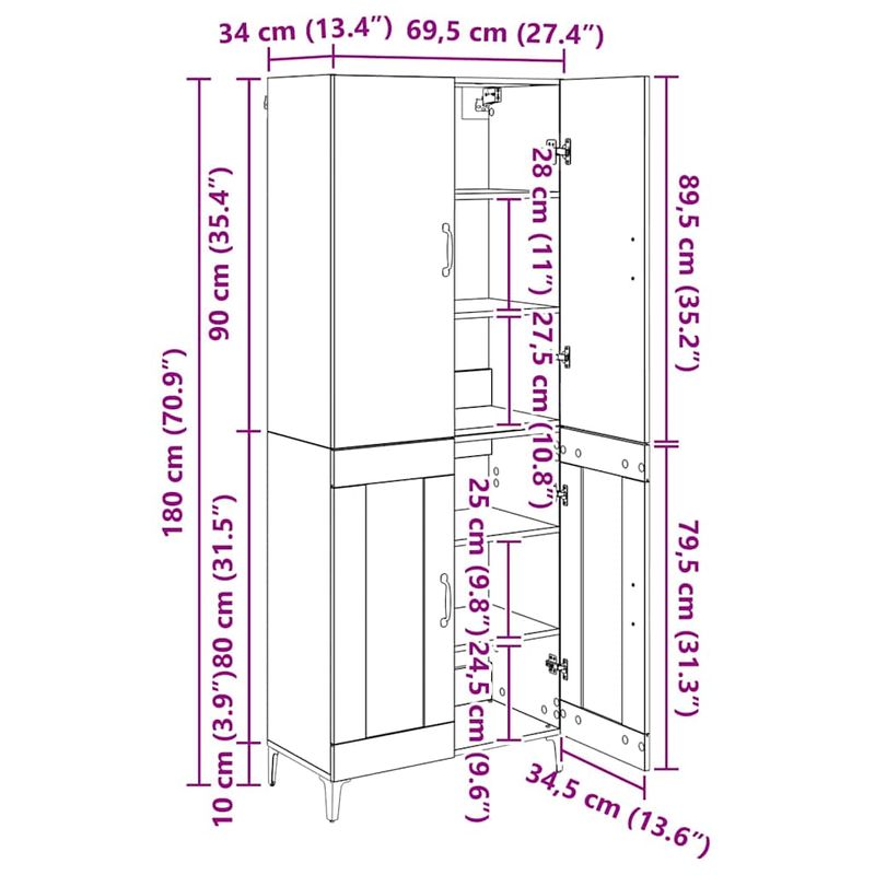 Casa si Gradina - Mobilier - Comode si corpuri - Corpuri bucatarie - Bufet Pe perete Lemn Vechi 69,5 x 34 x 180 cm Lemn compozit - Infinity.ro
